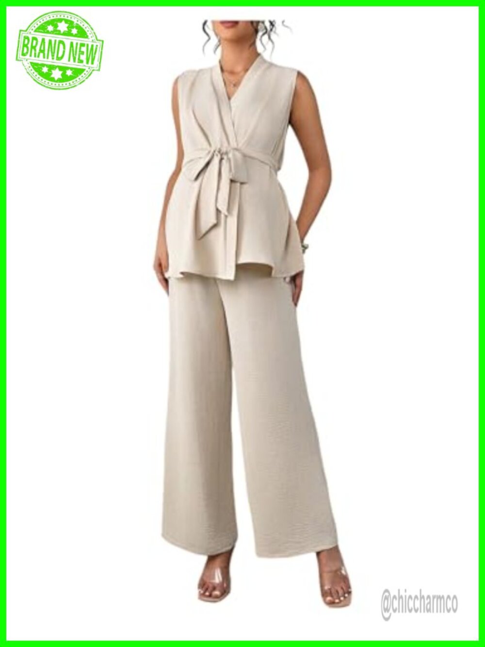 Maternity Work Outfit Set - 2 Piece Belted Tank & Wide Leg Pants